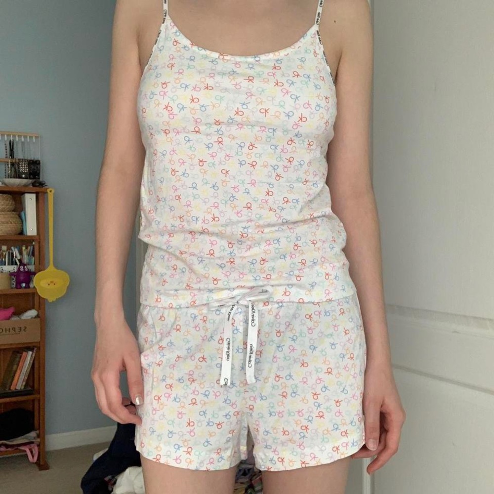 white & multicolor calvin klein tank top and shorts pajama set